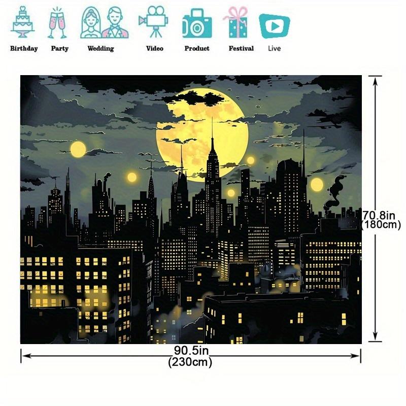 Superhero City Skyline with Bat Background - Bright polyester party banner, suitable for photography, birthdays and events