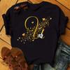 Custom Name Letter Combination Fashion Women T-shirt Diamond Gold Letter Font  Short Sleeve Tops Black T-shirt