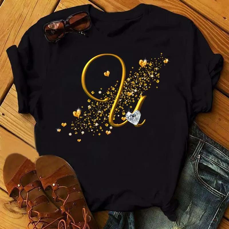 Custom Name Letter Combination Fashion Women T-shirt Diamond Gold Letter Font Short Sleeve Tops Black T-shirt