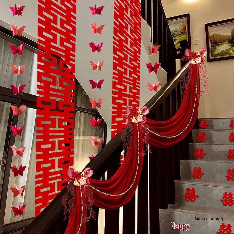 Wedding Stair Handrail Décor: Double Happiness Pull Flowers Set for Boy's and Girl's Side