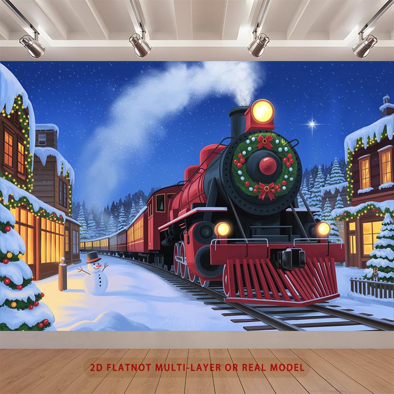 Party Backdrop Christmas Flat Train Snowy Night Scene Multi Layered Celebrations Photo Background Decor Front Door Decor