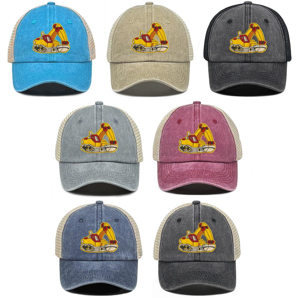 Cartoon Excavator Embroidery Mesh Cap Snapback Trucker Hat Caps For Man Washed Cotton Unisex Adjustable Mesh Cap
