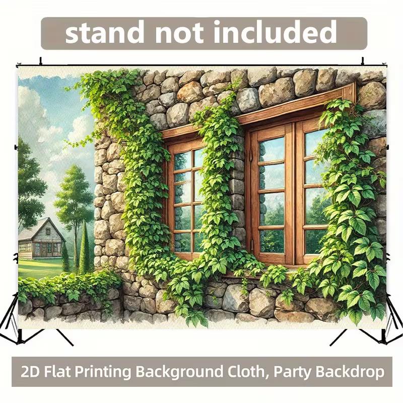 2D Cottagecore Stone Window Backdrop Green Ivy Nature Photo Booth Banner