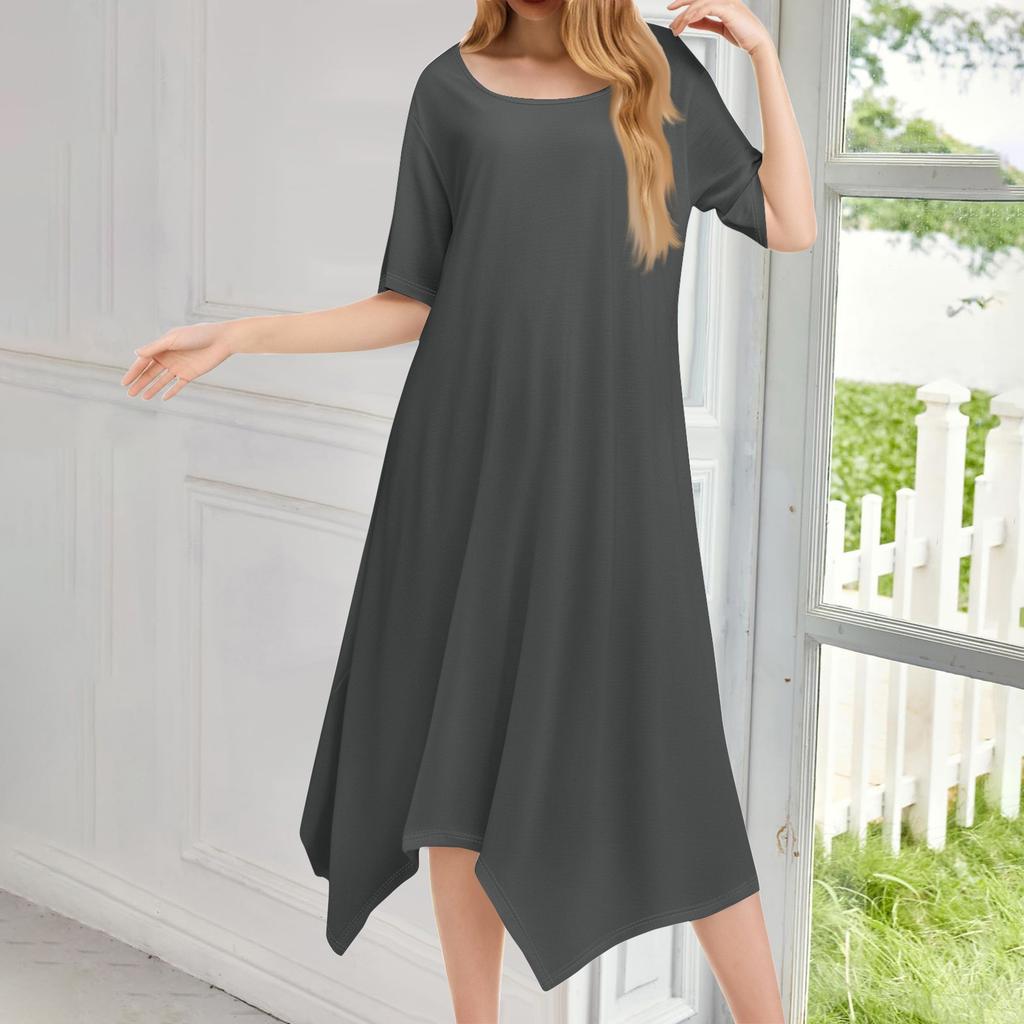 Женское повседневное модное платье миди с круглым вырезом и коротким рукавом, однотонное, с неровным подолом