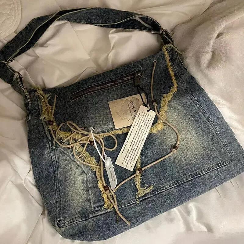 Washed Denim Women Shoulder Bag Large Capacity Student Zipper Messager Handbags