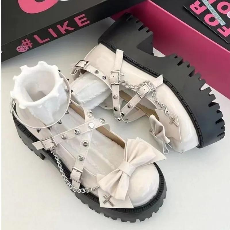 Fashion Women's Mary Jane Shoes Lolita Solid Color Spring 2024 Hot Sale Fashion Butterfly Knot Outdoors Thick with Non-slip Female Shoes