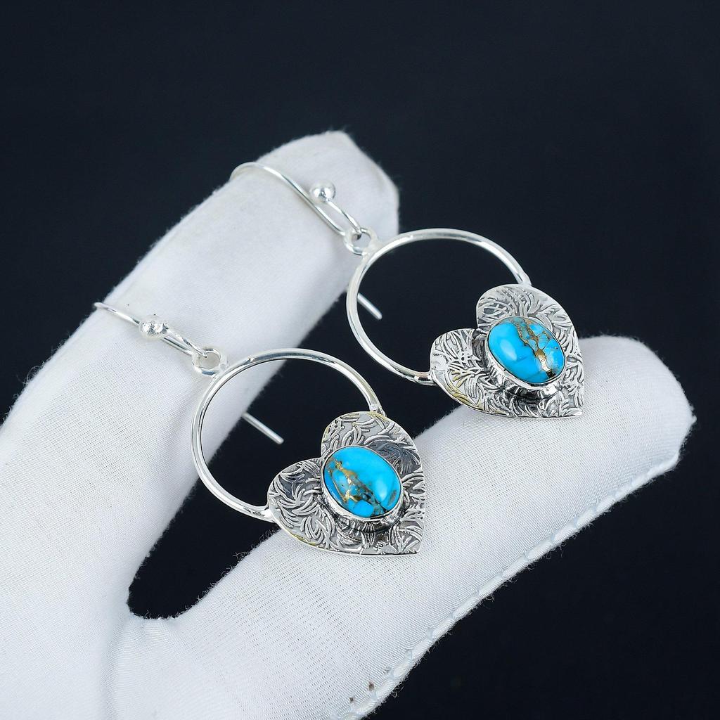 Серьги в форме сердца из натурального медно-бирюзового камня, серьги из стерлингового серебра 925 пробы, серьги-подвески из серебра ручной работы в стиле бохо, подарок из ваты