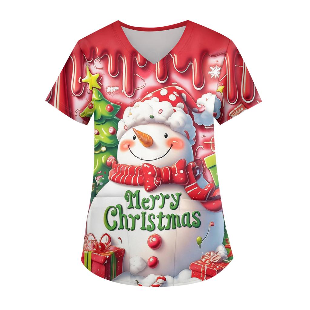 Ladies' Christmas Printed Fashionable V-neck Pocket Short Sleeved Uniform And Caregiver Top