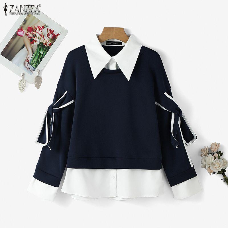 ZANZEA Женские повседневные свитшоты с отложным воротником, длинными рукавами и лоскутным дизайном