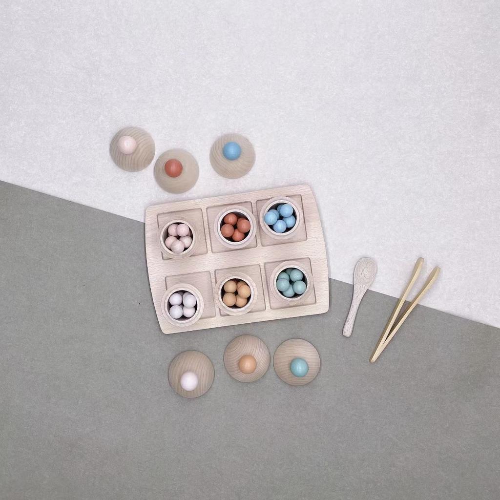 Baby Simulation Rainbow Cake Cup with Ball Wooden Bead Balance Training Game Color Cognition Play House Toy