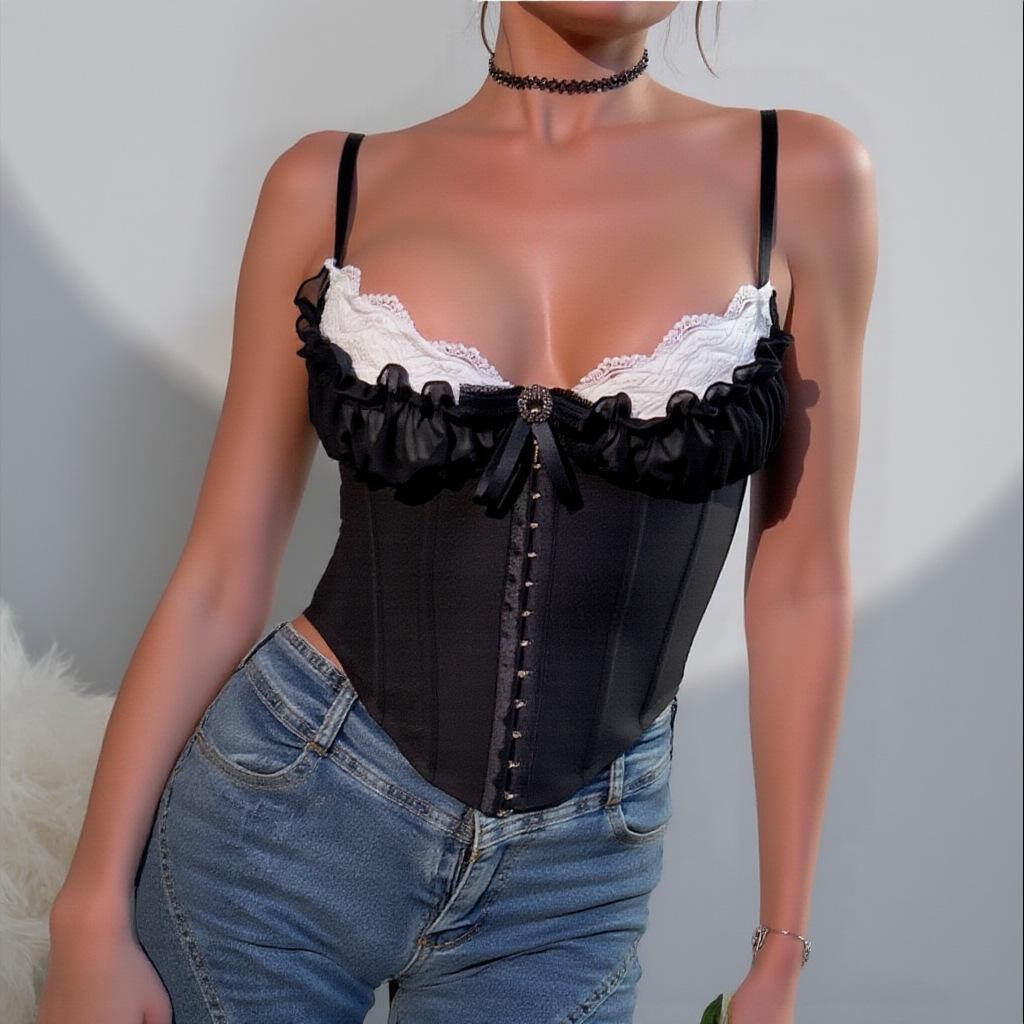 Кросс-бордер Сексуальный Бандо Кружевной Корсет Камисоль: Хлопковый топ с вставками из сетки и узором "рыбья кость"