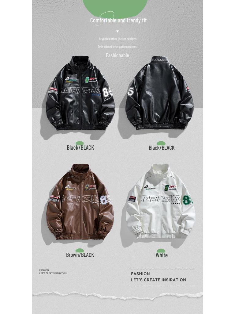 Мужская зимняя куртка 2024 года из искусственной кожи с вышивкой и воротником-стойкой — модный и повседневный американский стиль