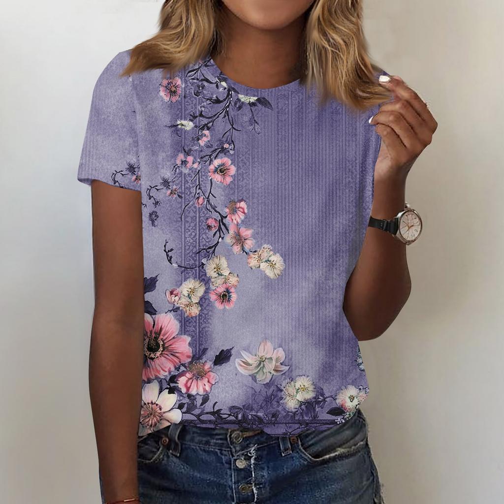 Women's Fashion Casual Printed Round Neck Short Sleeved T-Shirt Top T-Shirt Top Top