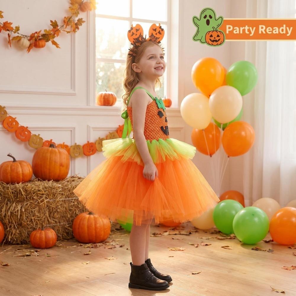 Pumpkin Tutu Dress Halloween Costume for Girls Tulle Skirt Party Dress with Headband and Pumpkin Bag Set for Festival Stage Performance