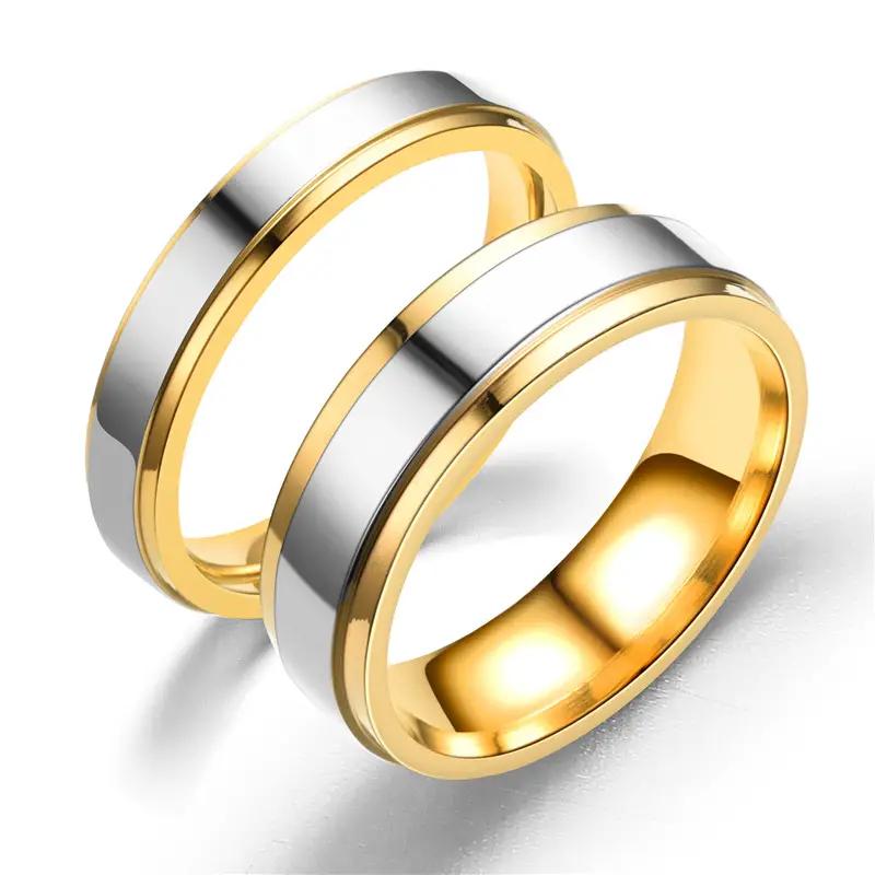 1pc Fashion New High-end Double Step Mirrored Intermediate Golden Stainless Steel Ring For Couples