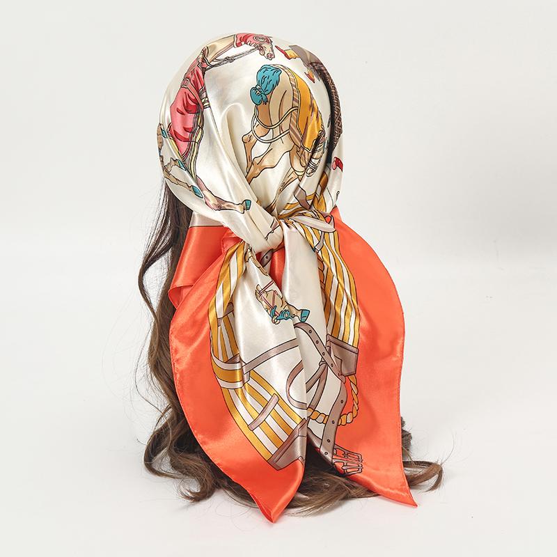 Satin Square Scarf Women Muslim Hijab Elegant Print Silk Neckerchief Shawl Wraps Headband Handle Hair Accessories Bandana