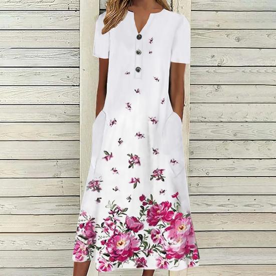 Длинное платье-футболка А-силуэта для женщин, застегивающееся на пуговицы, с V-образным вырезом и коротким рукавом, летнее повседневное пляжное платье-сарафан с принтом