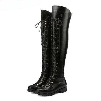 Новые Ретро Сапоги до Бедра на Шнуровке, Женские Плоские Сапоги в Западном Стиле Выше Колена, Модная Женская Обувь с Круглым Носком, Длинные Сапоги Зимние