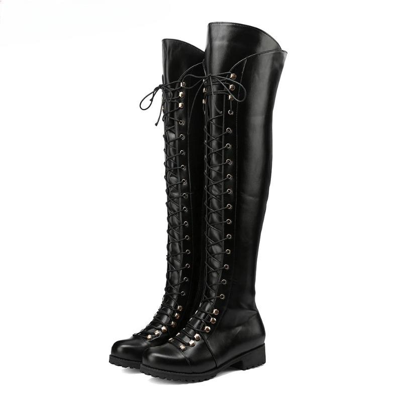 Мода Новые Ретро На шнуровке Женские Плоские Ботфорты для верховой езды Западные Ботфорты выше колена Модная женская обувь Круглый носок Длинные сапоги Зима 2025