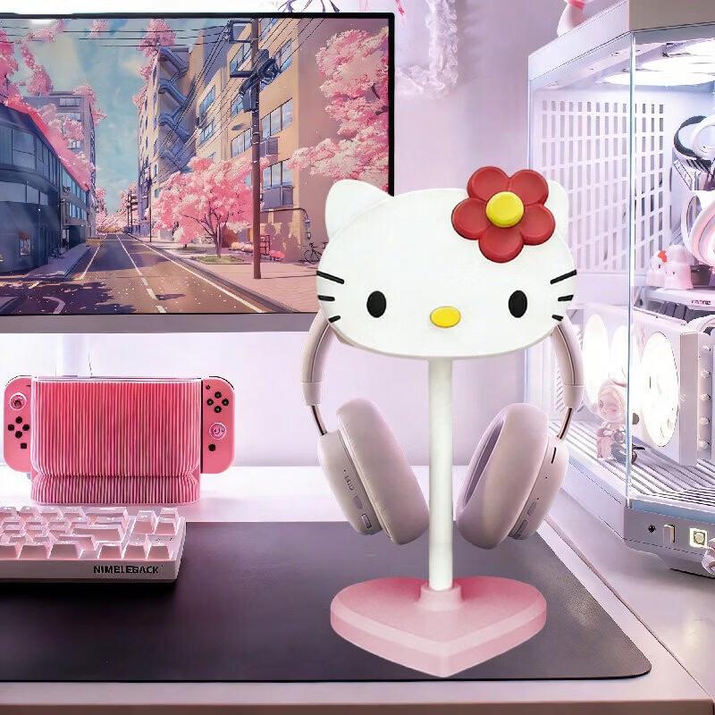 Розовый держатель для наушников Hello Kitty с основанием в виде сердца