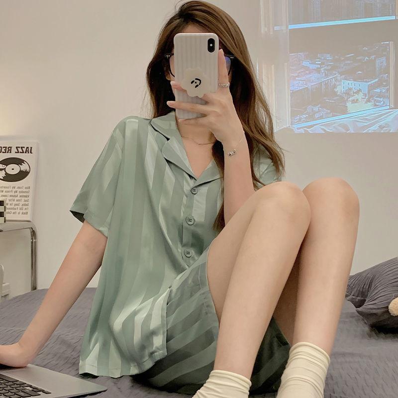Summer Women's Ice Silk Ins Korean Vertical Stripes Simple Pajamas Homewear Set Girls Short-Sleeved Shorts Loose Suit