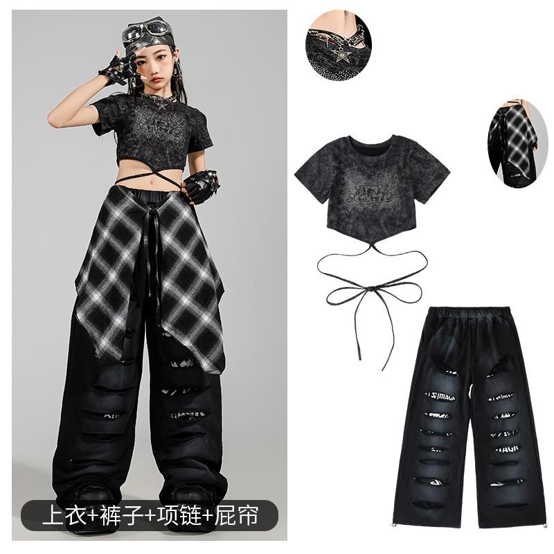 Girls Jazz Dance Outfit Set Short Sleeve Crop Top Ripped Pants Streetwear Style Performance
