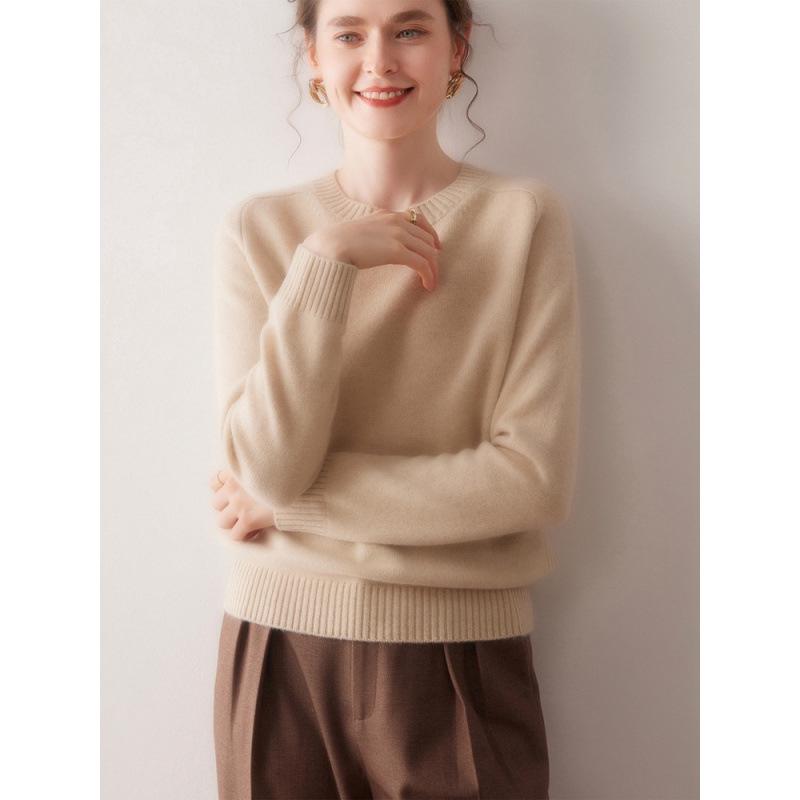 2025 Autumn/Winter Women's Pure Cashmere Round Neck Sweater - Saddle Shoulder, Thickened, Loose Fit, Slimming Knit Base Layer