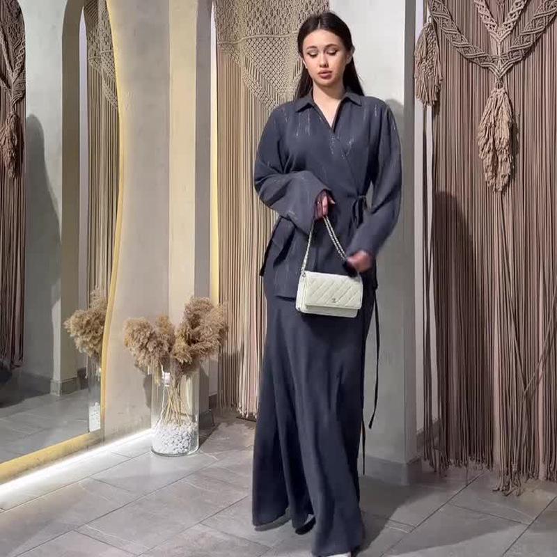 2024 Autumn Women's Solid Color Lace-Up Waist A-Line Midi Skirt and Shirt Set