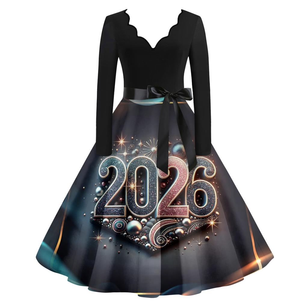 Женское повседневное модное платье винтажного стиля с V-образным вырезом и новогодним принтом