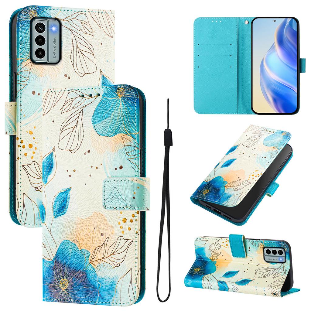 Роскошный кожаный чехол-книжка с синим цветком для Nokia C12,C32,C02,C22,G22,G11 4G,G21,G42,G10,G20,C10,C20,HMD Pulse...