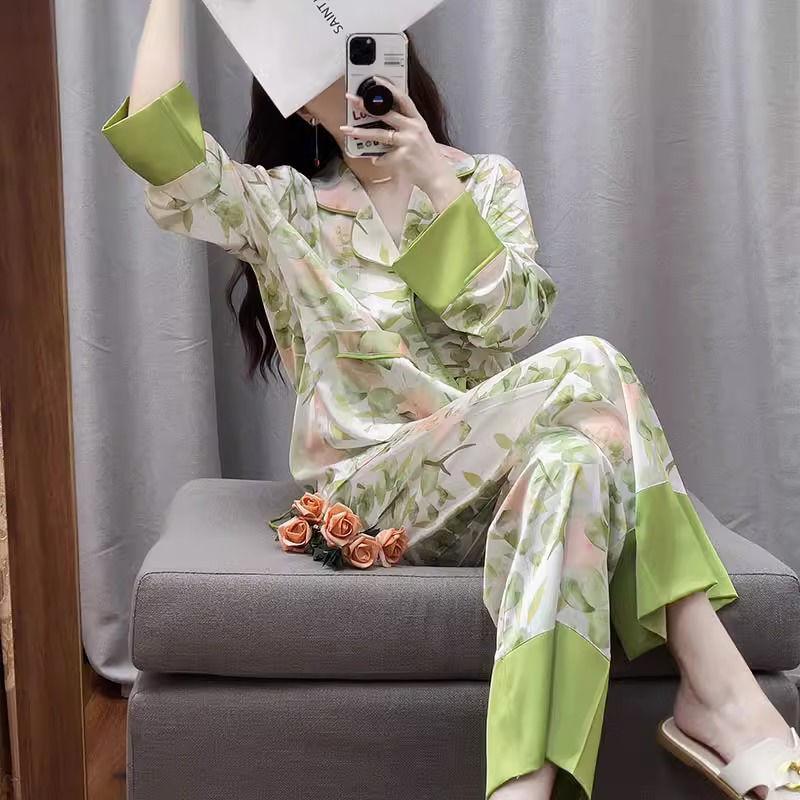 Шелковая пижама женская кардиган с длинными рукавами и длинными штанами пижамный комплект с принтом Kawaii Одежда Домашняя одежда