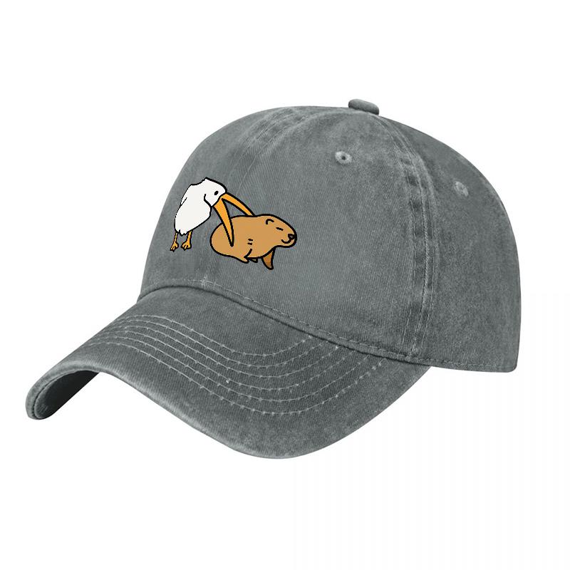 Washed Cotton Baseball Cap with Humorous Pelican and Beaver Design Unisex Adjustable Hat for Outdoor Activities and Casual Wear