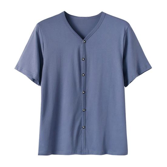 Men Button Down T-shirt Solid Color V-Neck Short Sleeve Tee Shirt Summer Casual