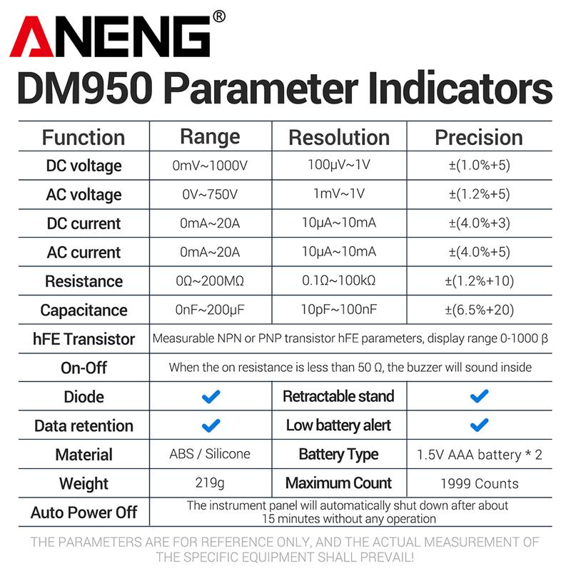 ANENG DM950 Multimeter Voltage Current Digital Tester High Precision hFE Transistor Capacitance Detected For Electrician Tools