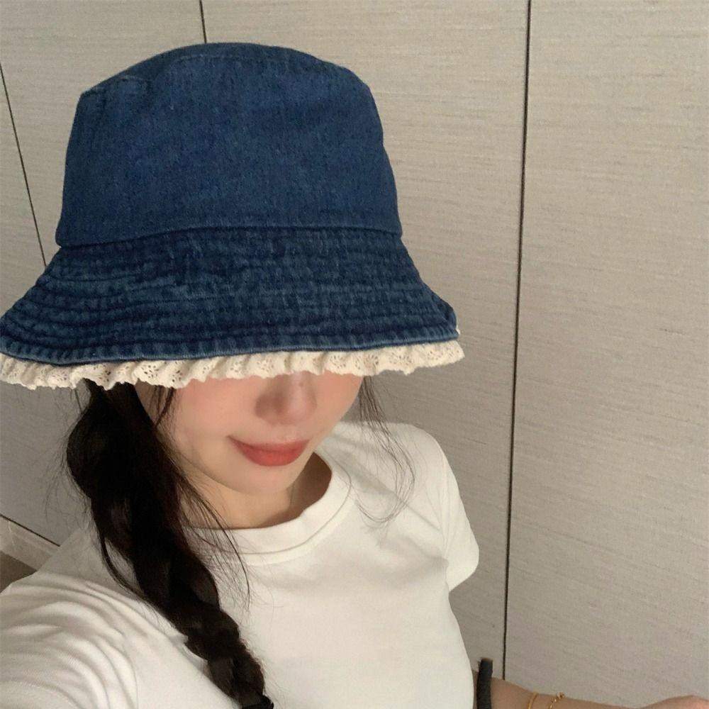 Солнцезащитная кружевная шляпа-панама с широкими полями, милая джинсовая шляпа-ведро для женщин
