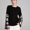 Autumn and Winter Women's Knitting Flared Sleeves Handmade Hollow Mixed Colour Crochet Sweater Round Neck Pullover Tops