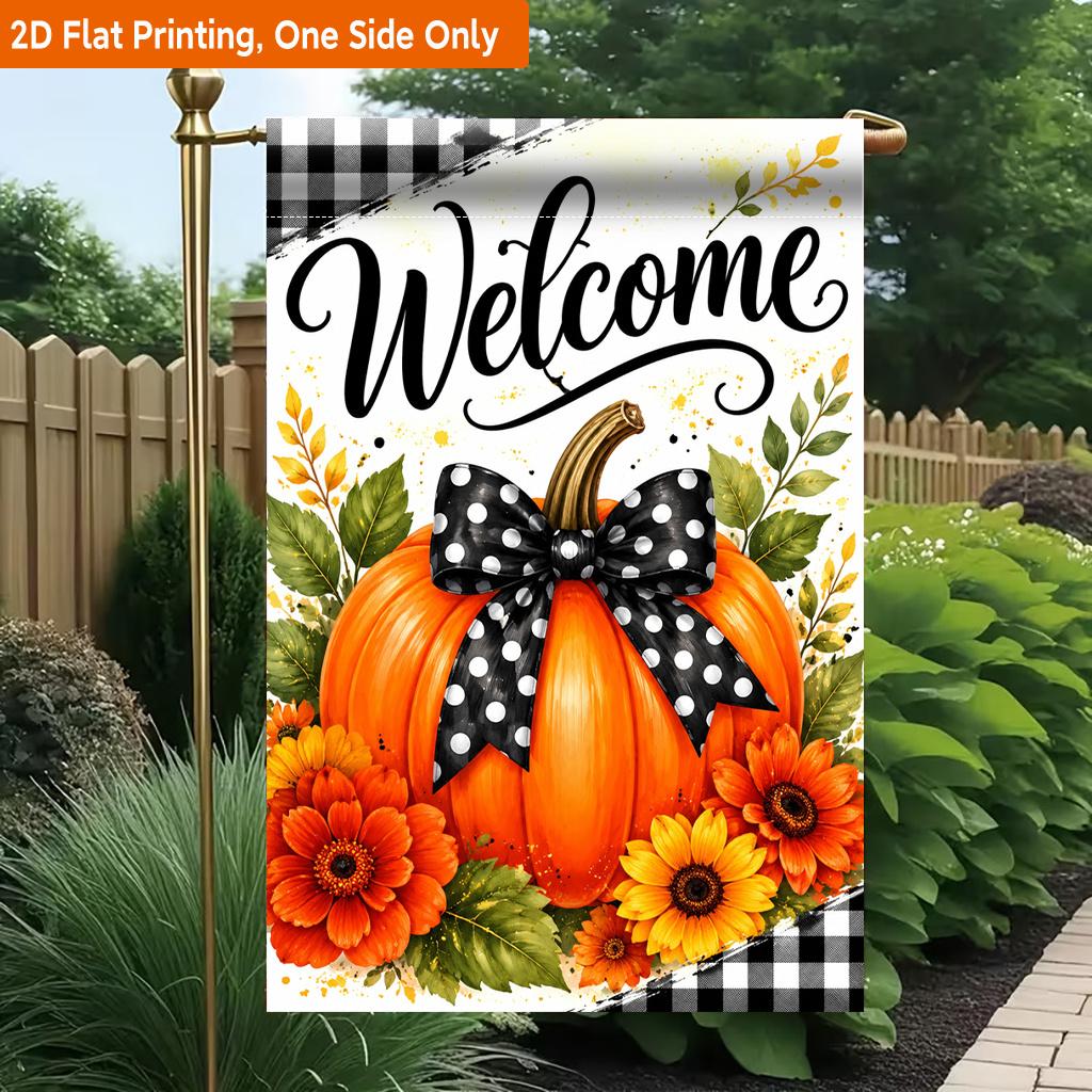 2D Flat, 2D Flat Printing Garden Flag 1pc, Autumn Pumpkin with Flowers Durable Single-Sided Print Yard Flag, Garden & Home Holiday Decoration, 29.97x4