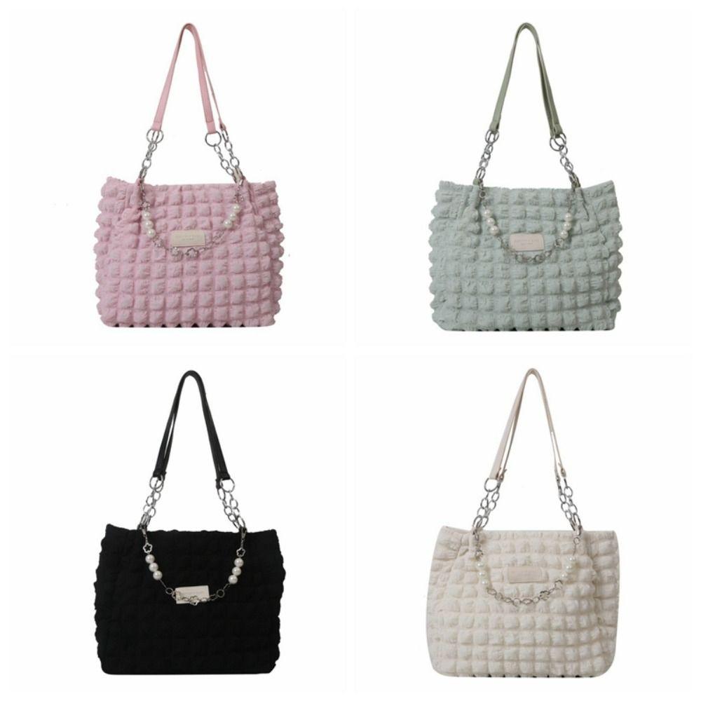 Beaded Pleated Tote Bag Korean Style Large Capacity Plaid Handbag Solid Color Dumplings Bag Bubble Cloud Bag Office Worker