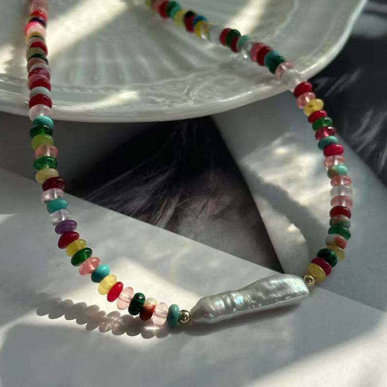 Bohemian abacus bead necklace, featuring colorful natural stones and Baroque freshwater pearls, a beaded choker necklace