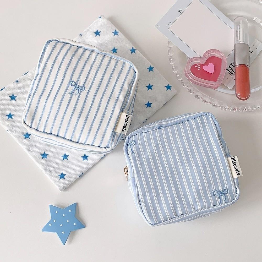 Large Capacity Bow Cosmetic Bag Bow Striped Grid Pattern Portable Beauty Case Vacation Travel