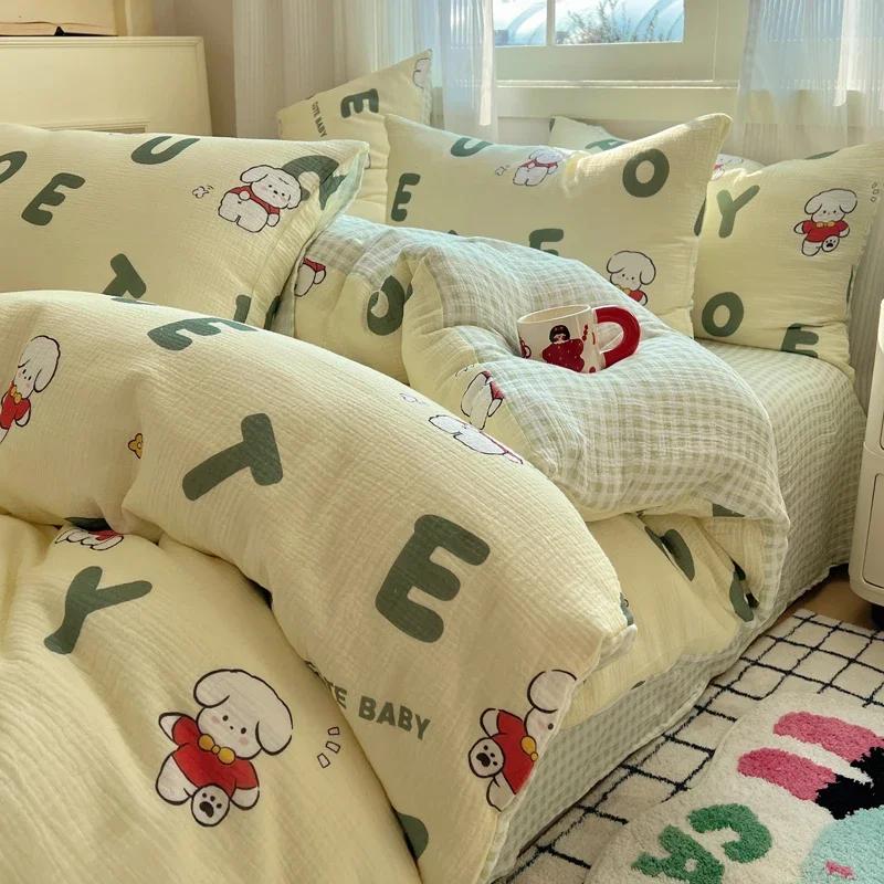 Cute Strawberry And Rabbit Duvet Cover Set Washed Cotton Linen Feel Super Soft Comfortable Chic 4Pcs Home Decor Bedding Set
