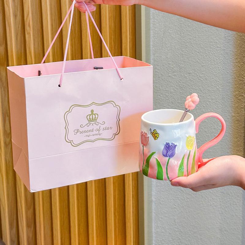 Девочки сердце инс ветер ручная роспись тюльпан керамическая чашка девочки старший смысл сувенир пара цветок кружка