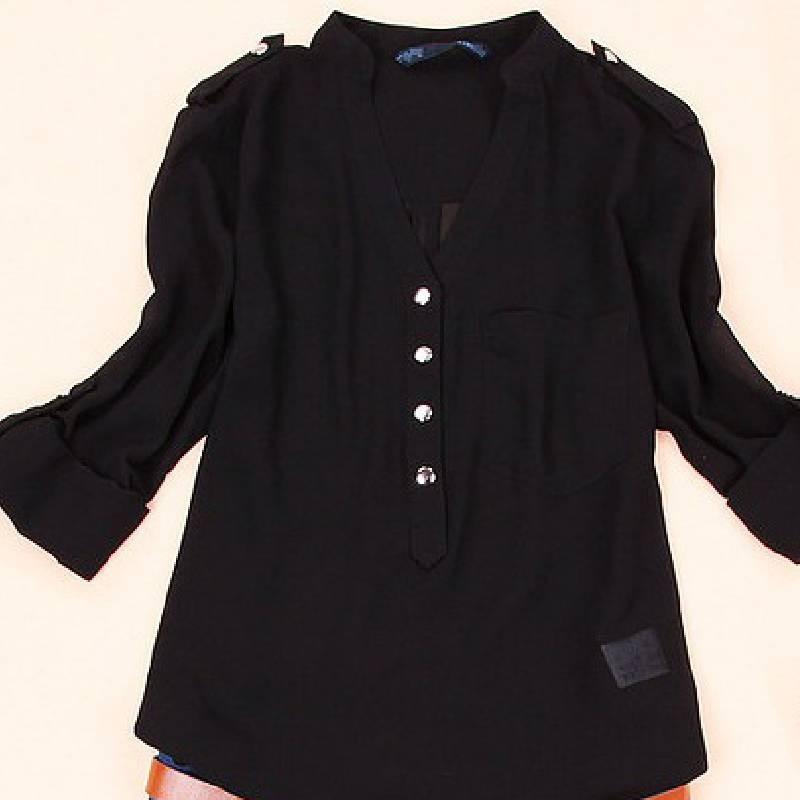 V Neck Chiffon Blouse With Large Pockets Loose Fit Long Sleeve Shirt For Women