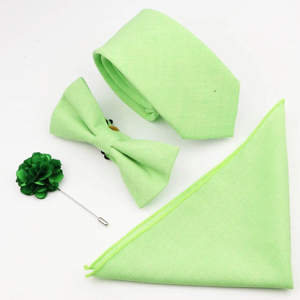 Комплект галстуков из 4 предметов, мужской, шалфейный зеленый, хлопковый галстук-бабочка, брошь-запонка, для костюма жениха, свадьба,