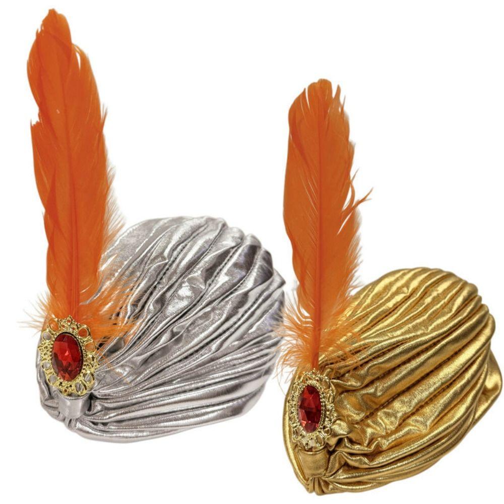 Rhinestones Feather Turban Hat Arabian Hats Indian Pleated Cap Costume Accessory