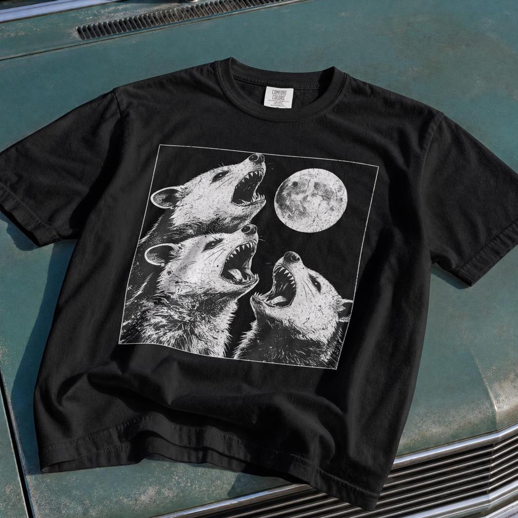 Three Opossum Moon Shirt, Funny Howling Possum Graphic Tee, Retro Animal Streetwear, Vintage Style T-shirt, Cute Ironic Meme Gift