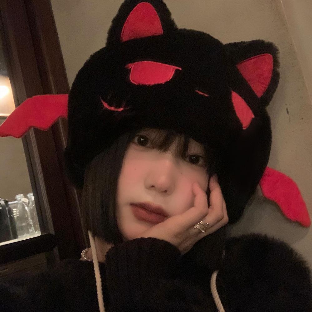 Little Devil Cat Ears Plush Hat Female Autumn And Winter Halloween Y2K Cartoon Funny Warm Ear Protector Lei Feng Hat