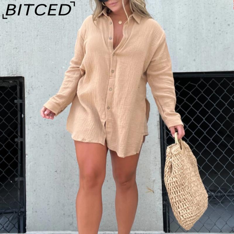 BITCED Женская рубашка из мятой ткани с длинным рукавом и шортами с высокой талией, модный повседневный комплект из двух предметов
