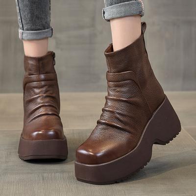 Модные ботинки на платформе из натуральной кожи GKTINOO, весна-осень, ручная работа, на толстой подошве, короткие ботинки, увеличивающие рост, с круглым носком, женская обувь