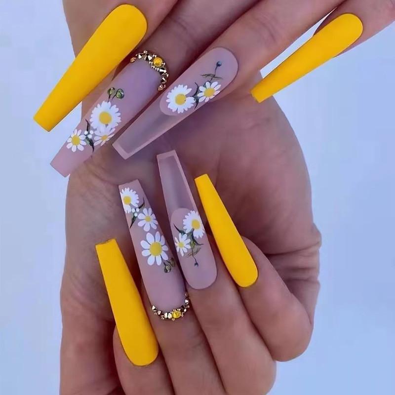 24PCS/SET Quick Nails Flower Diamond Manicure Long Ballet False Nails Waterproof Wearable Ready-made Nail Stickers